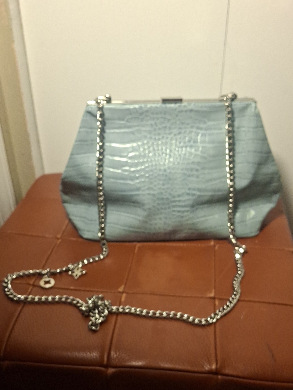 BCBG Generation Light Blue Croc-Embossed Chain Shoulder Bag